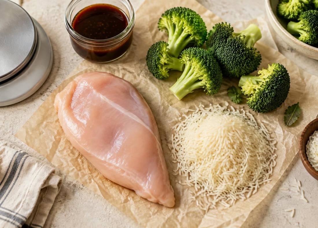Raw chicken breast, rice, broccoli and teriyaki sauce laid out on parchment next to a kitchen scale